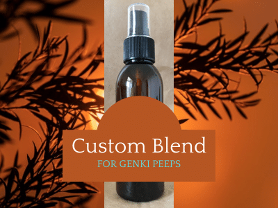 Sunset in Australian bush with empty bottle of Genki Pet Aromatherapy Custom Blend for Genki Peeps