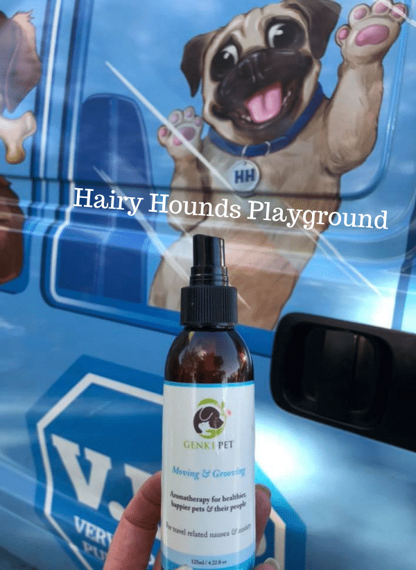 Hairy Hounds Playground Dog Transport van Genki Pet Moving & Grooving Aromatherapy spritz for calm travel, nausea, motion sickness